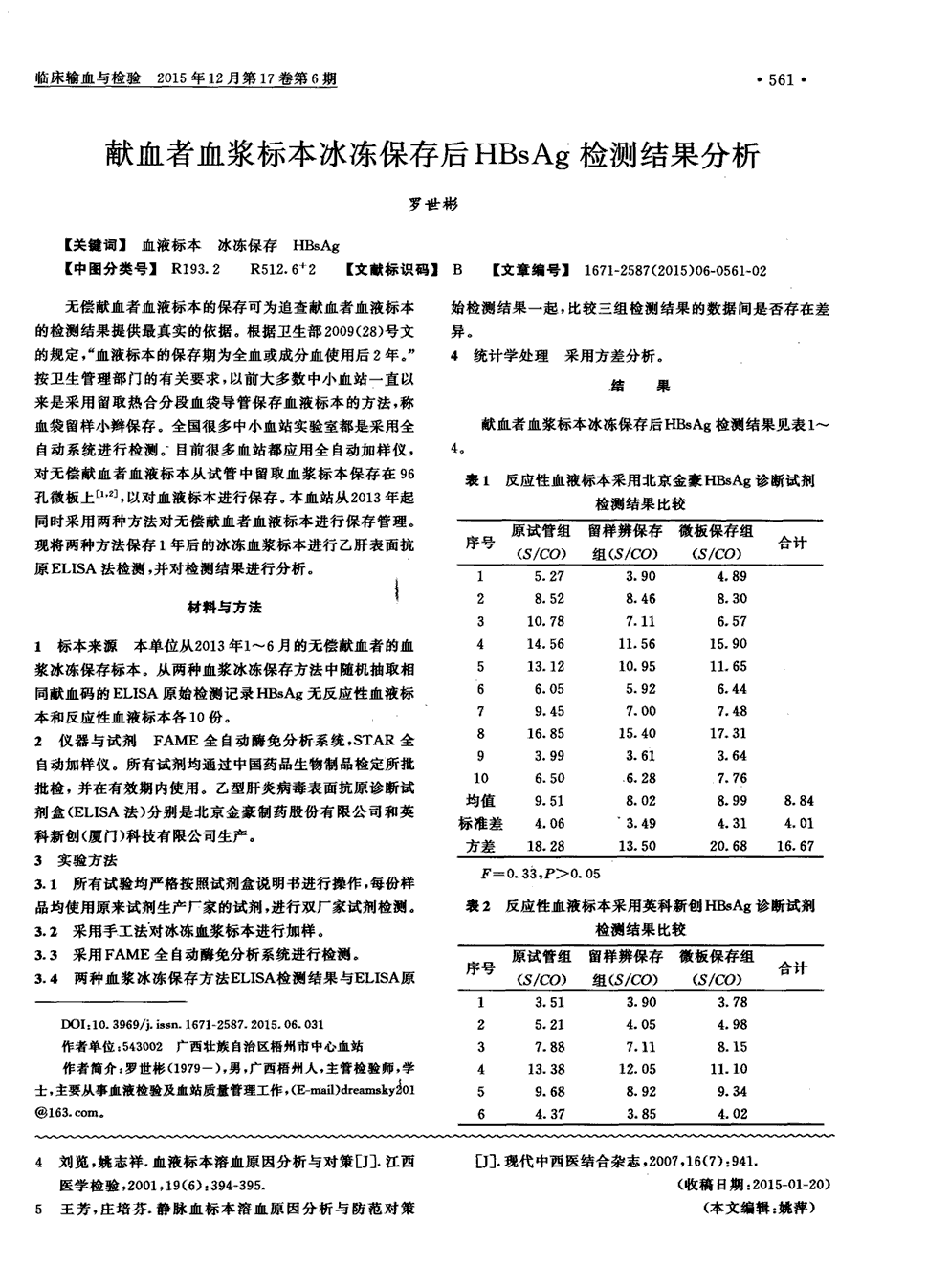 无偿献血者血液标本的保存可为追查献血者血液标本的检测结果提供最