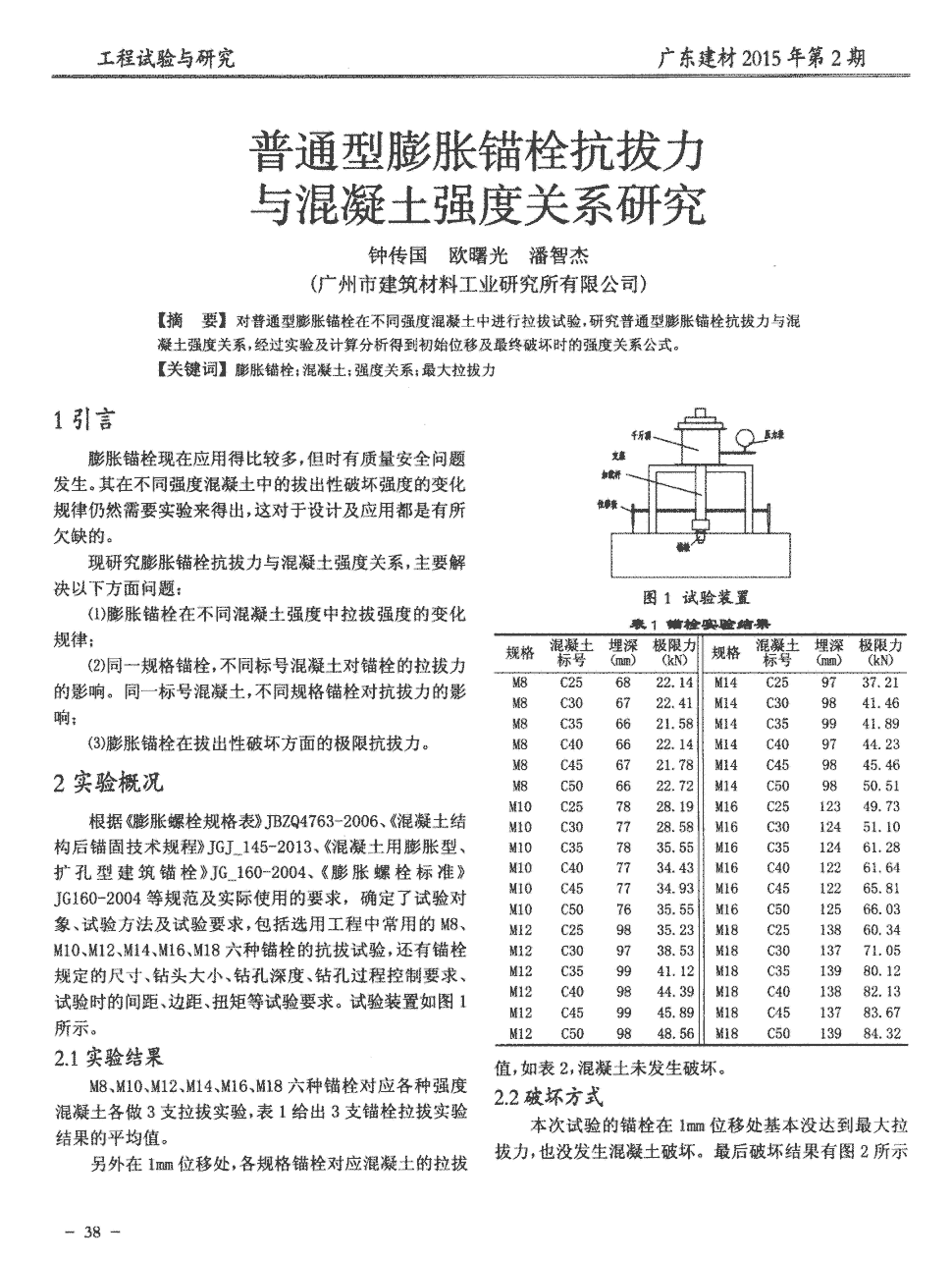 混凝土中进行拉拔试验,研究普通型膨胀锚栓抗拔力与混凝土强度关系