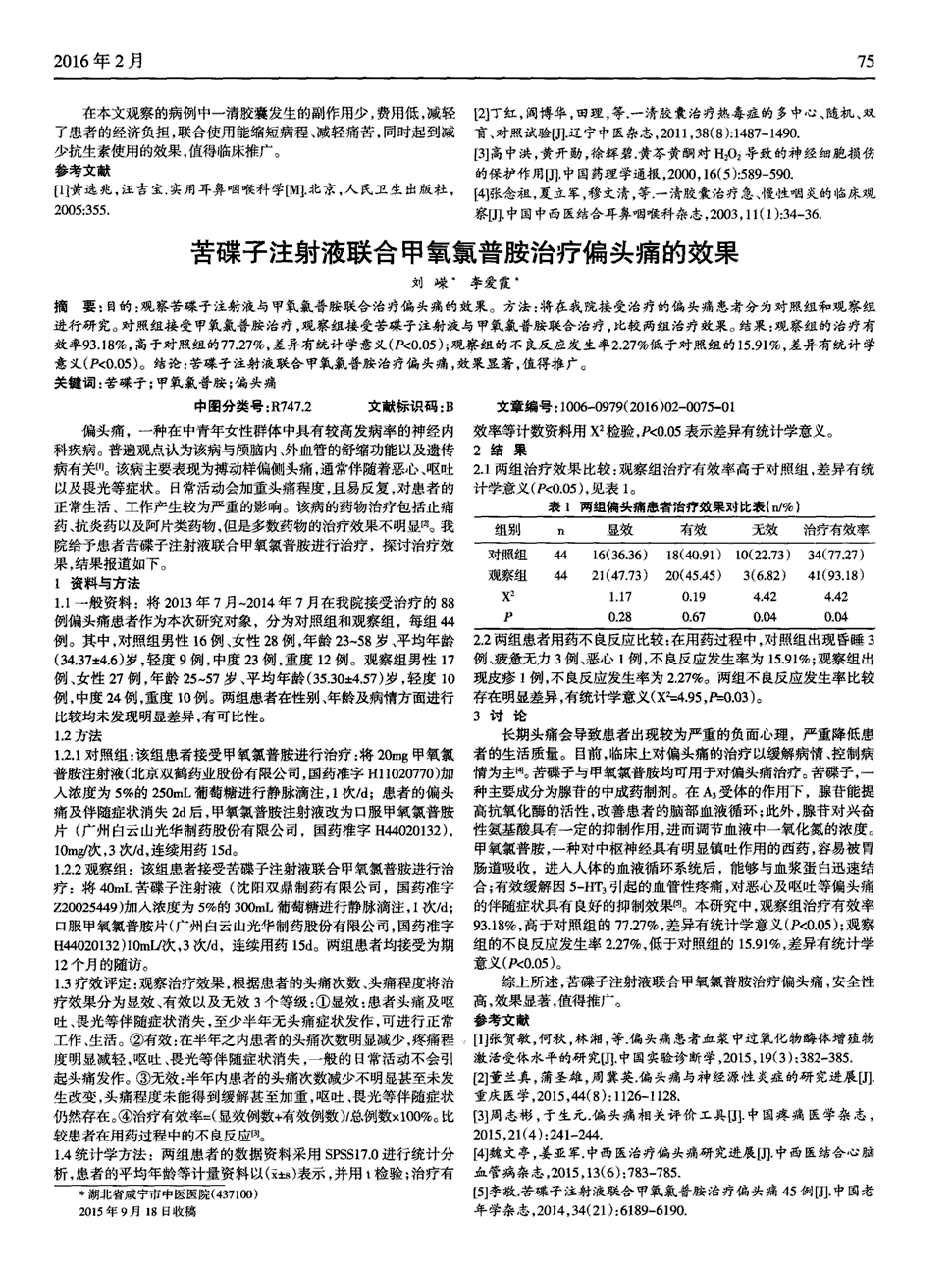 对照组接受甲氧氯普胺治疗,观察组接受苦碟子注射液与甲氧氯普胺联合