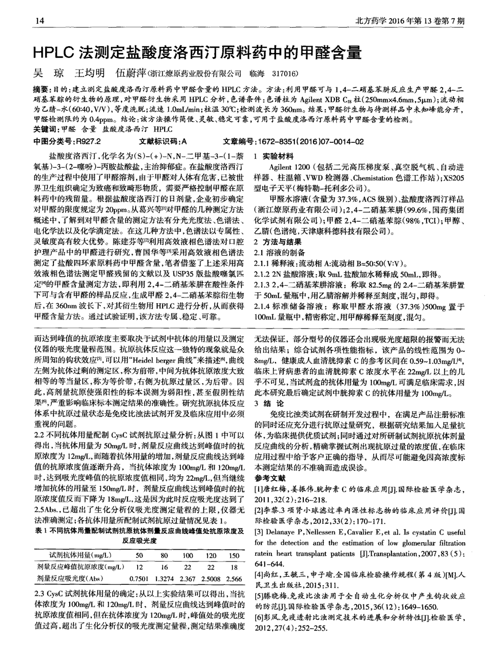 期刊hplc法测定盐酸度洛西汀原料药中的甲醛含量被引量:2     目的