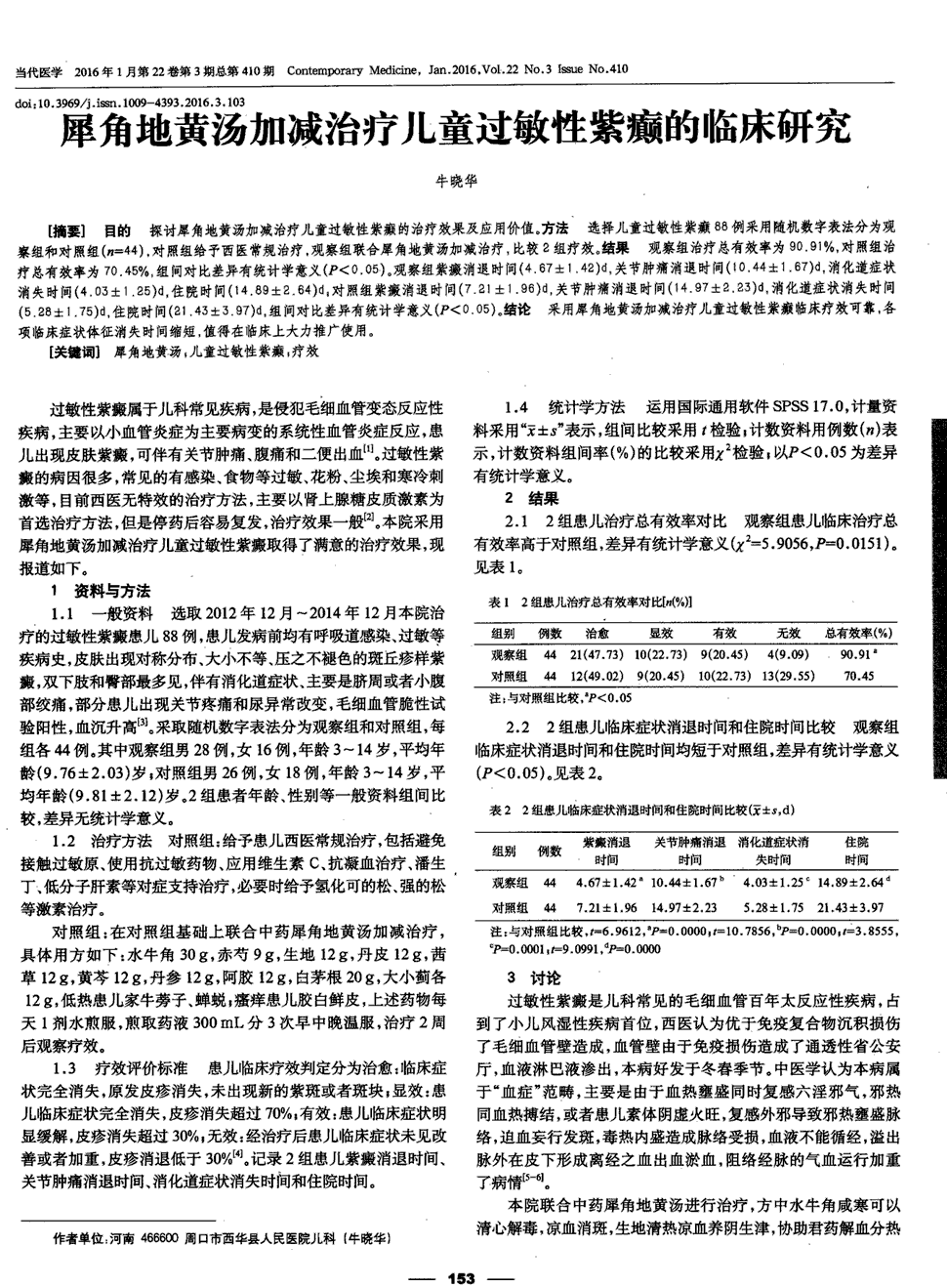 期刊犀角地黄汤加减治疗儿童过敏性紫癫的临床研究   目的探讨犀角