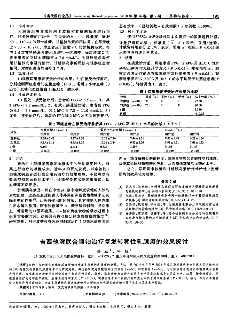 期刊吉西他滨联合顺铂治疗复发转移性乳腺癌的效果探讨被引量:2