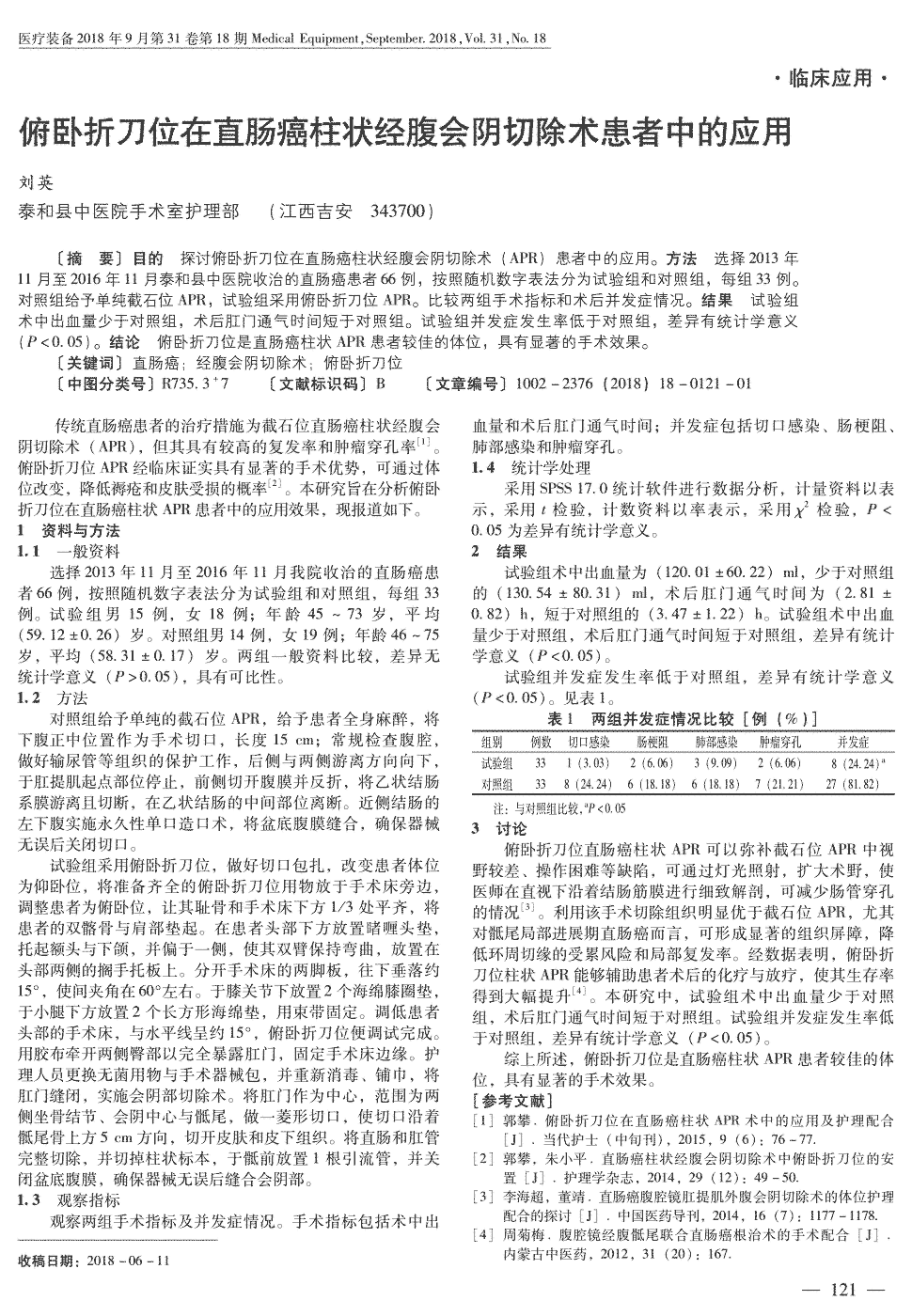 期刊俯卧折刀位在直肠癌柱状经腹会阴切除术患者中的应用   目的