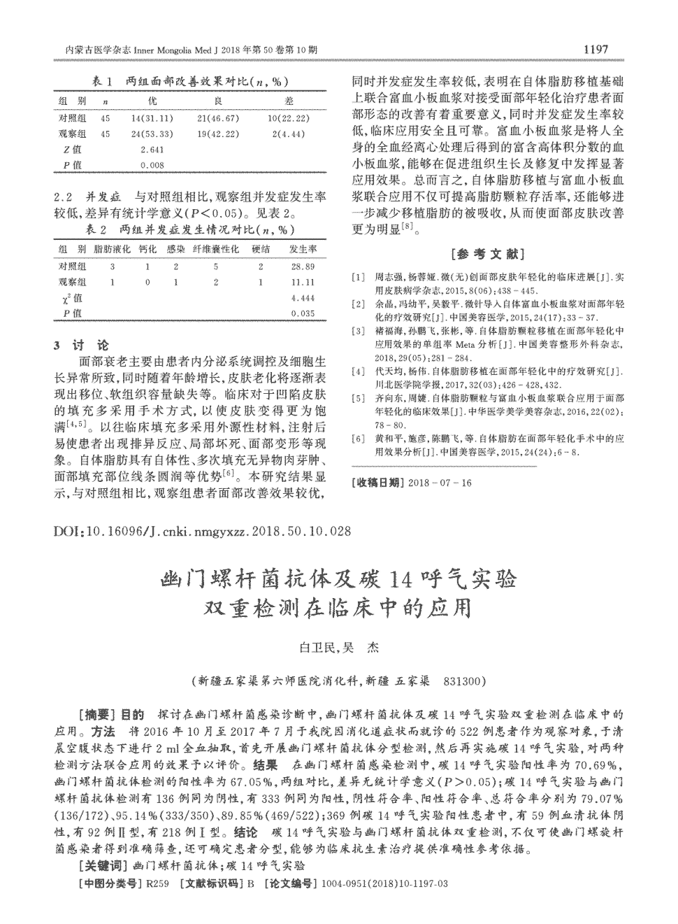 期刊幽门螺杆菌抗体及碳14呼气实验双重检测在临床中的应用被引量:1