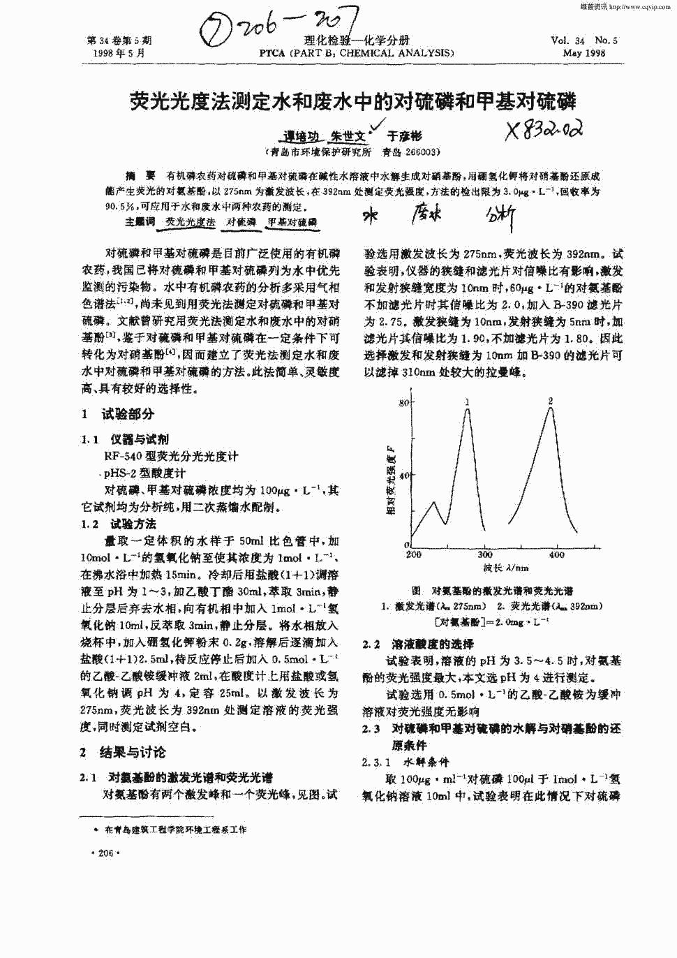 期刊荧光光度法测定水和废水中的对硫磷和甲基对硫磷被引量:5 有机