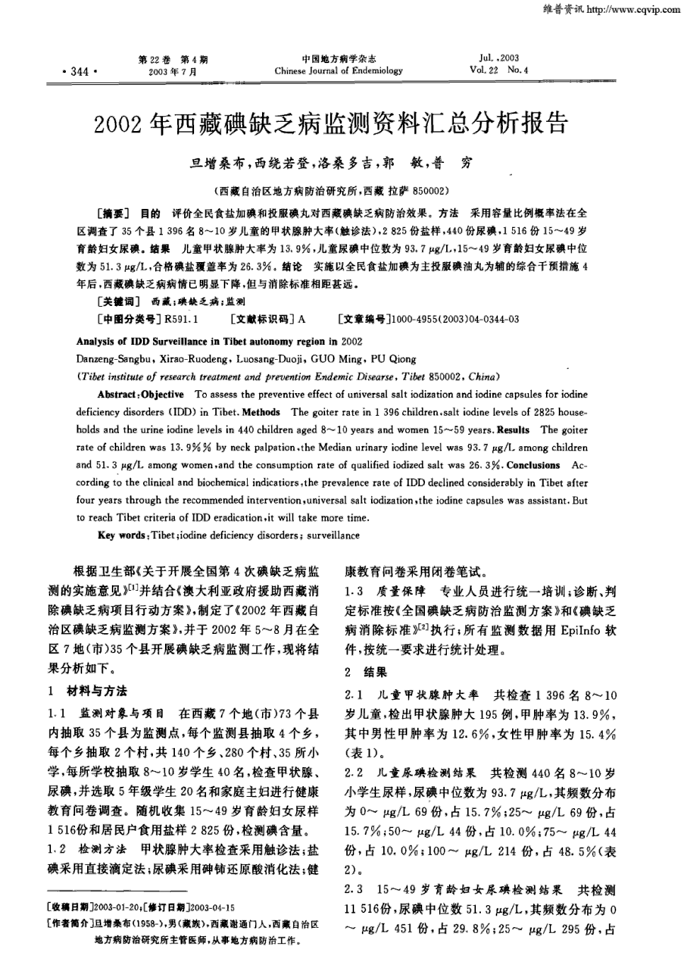 比例概率法在全區調查了35個縣1396名8～10歲兒童的甲狀腺腫大率(觸診