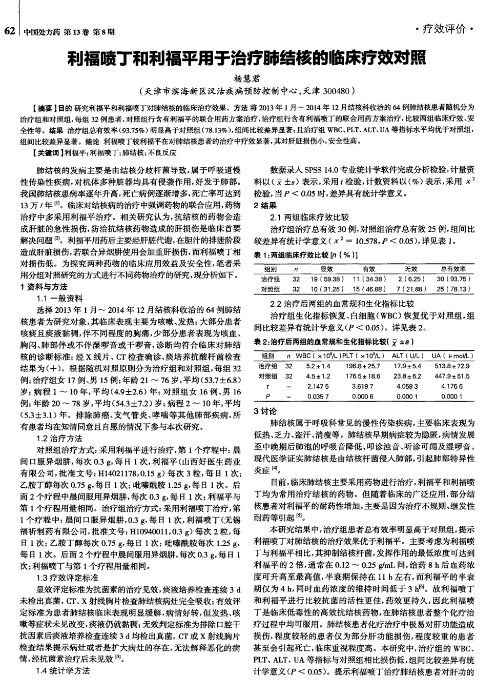 期刊利福喷丁和利福平用于治疗肺结核的临床疗效对照被引量:6 目的