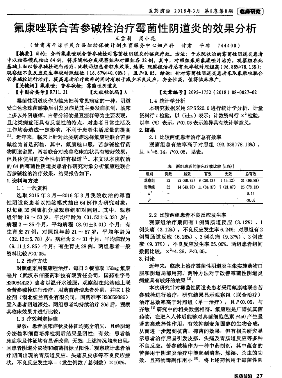 期刊氟康唑联合苦参碱栓治疗霉菌性阴道炎的效果分析    目的:分析氟